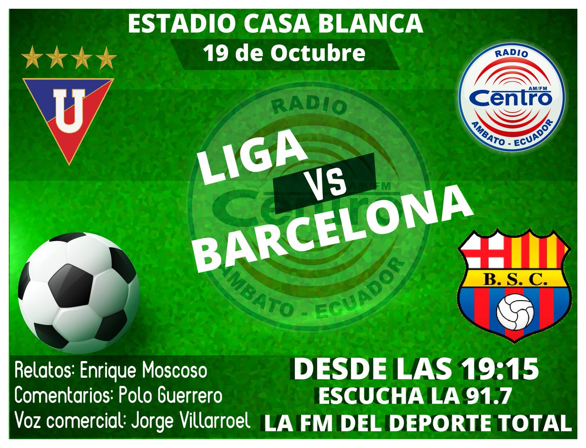 HOY TRANSMITIMOS
<a href="/LDU_Oficial/">LDU Oficial</a> vs. @BarcelonaSCweb
#SerieA Fecha 14

Síguenos: radiocentroambato.com 91.7FM del Deporte Total #Ambato