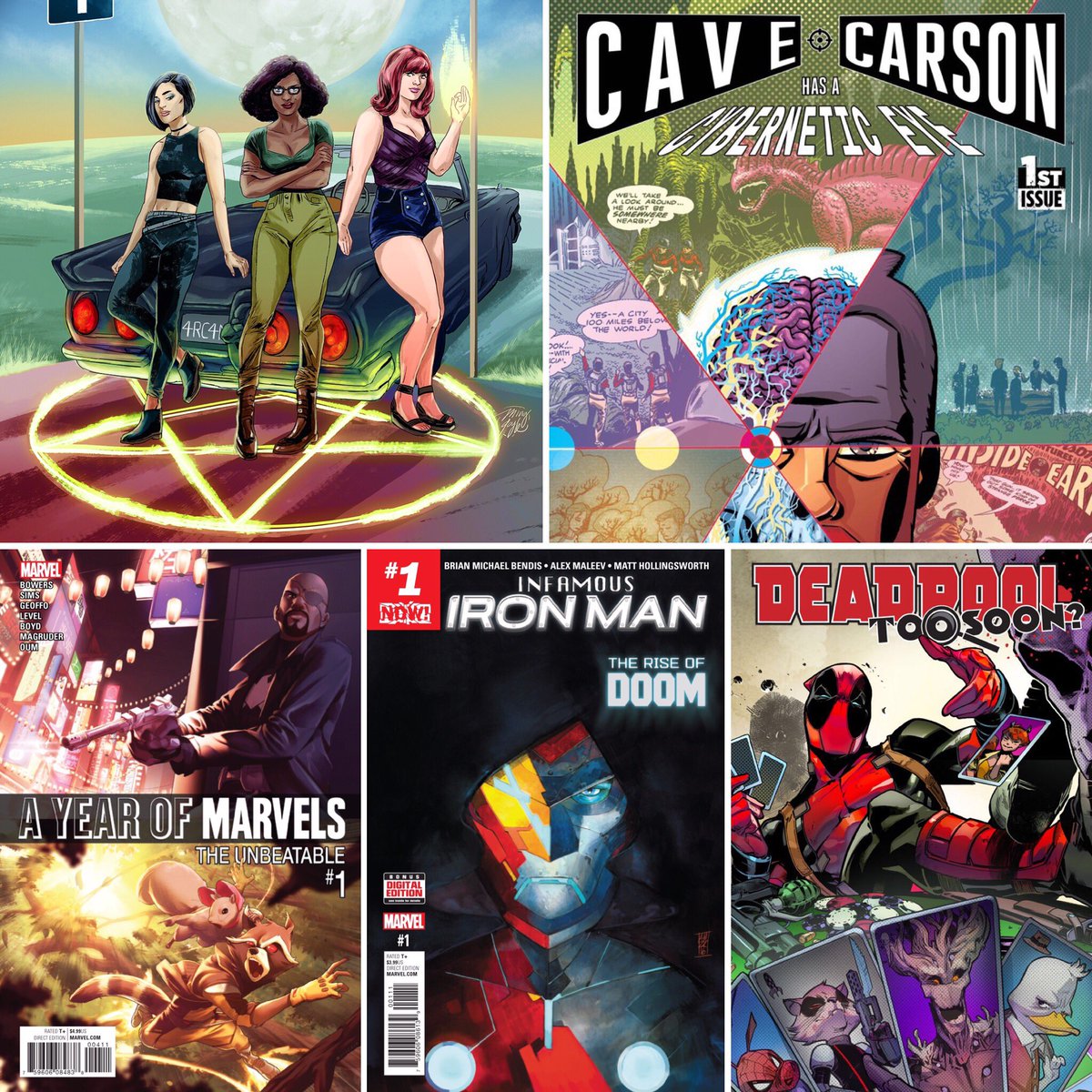 DarkSideComicUK's tweet photo. NEW #1's!!! #SpellOnWheels #CaveCarson #CCHACE #AYearOfMarvels #InfamousIronMan #DeadpoolTooSoon #ncbd #newcomicbookday #comics #newcomics https://t.co/PtN7lX2g2O