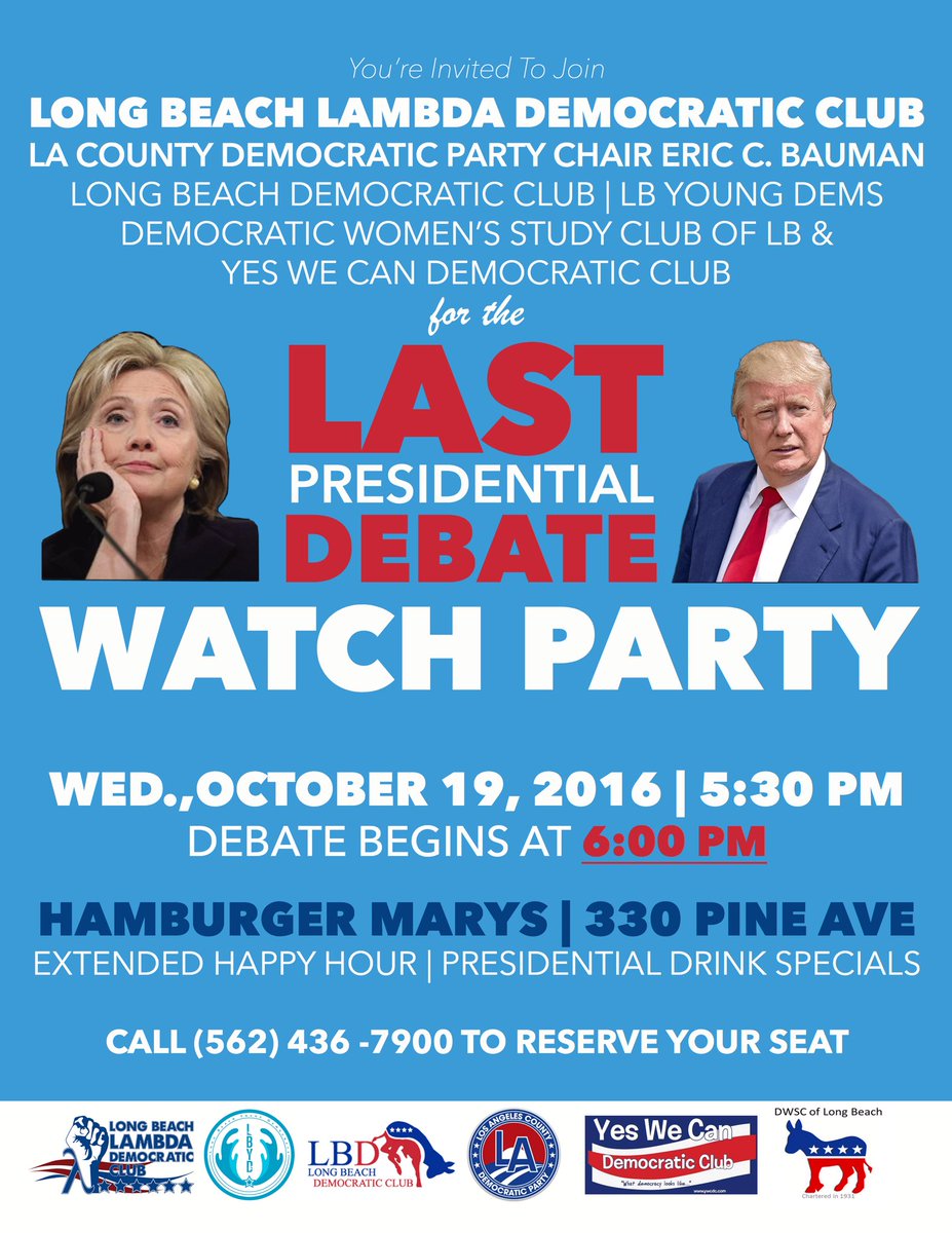 Join me tonight with Long Beach's Democratic Clubs for the #LastDebate <a href="/lblambdadems/">LB Lambda Dem Club</a> <a href="/DWSCofLB/">DWSCLB</a> <a href="/LongBeachDems/">Long Beach Democrats</a> <a href="/DWSCofLB/">DWSCLB</a> @YWCDC @LAdemocrats