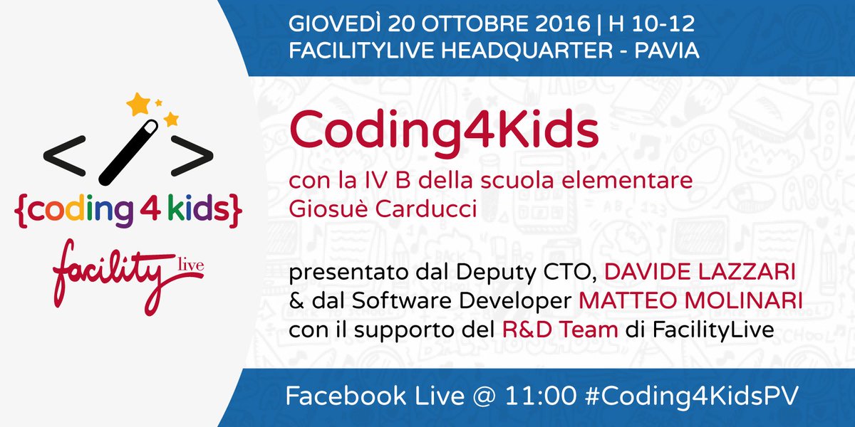FacilityLive's tweet image. Domani, gio 20/10 siamo felici di ospitare la nostra 3° edizione di "Coding 4 Kids"! @neutralaccess #Coding4KidsPV bit.ly/FacilityLive_E…