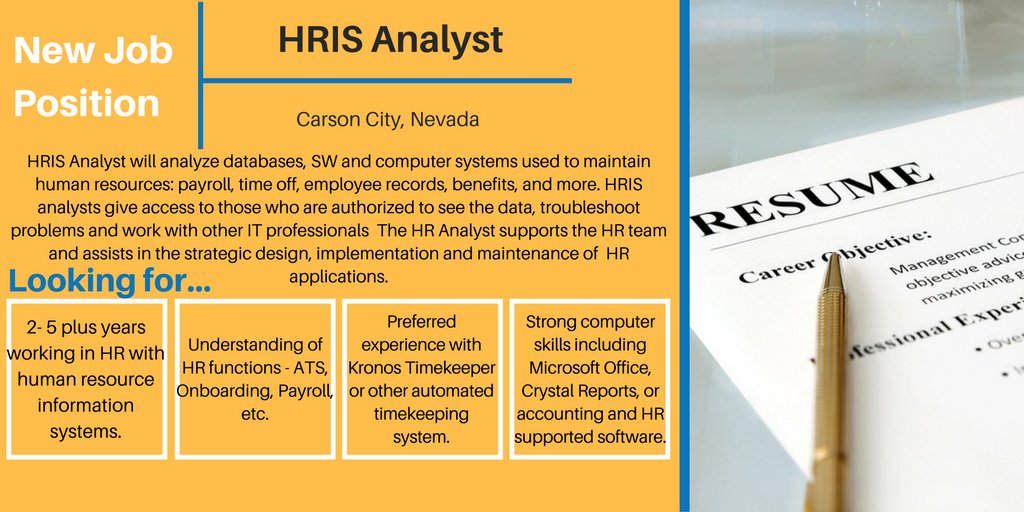 CVirtualReno's tweet photo. New Job: HRIS Analyst in Carson City, NV #NevadaJobs #NowHiring #Hiring #JobOpening #Jobs https://t.co/DlVRmIQaQK