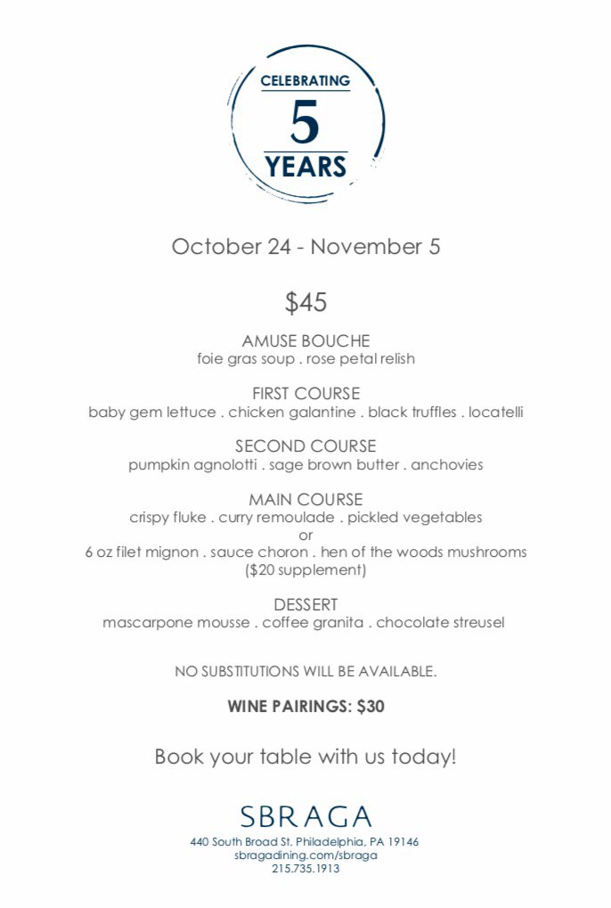 sbragaphilly's tweet photo. Happy 5 Years to Us! We're celebrating with a $45 menu, throwback cocktail, and wine pairings. Call (215) 735-1913 or book online! https://t.co/B9Dk6tAPxv