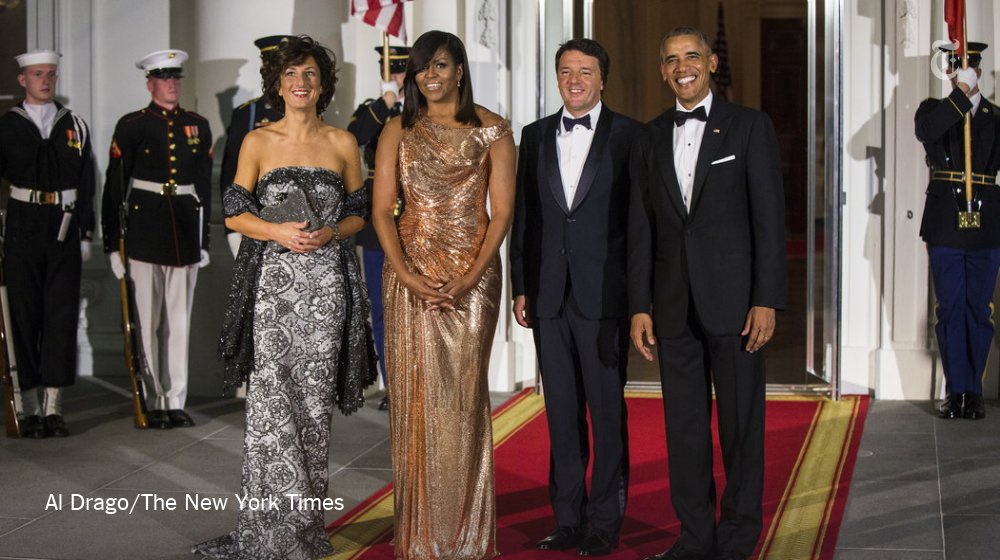 nytimes's tweet photo. The dress Michelle Obama wore at her final state dinner spoke of armor and female strength, @VVFriedman writes https://t.co/A9r04auJhG https://t.co/jfuqKWV8Zz