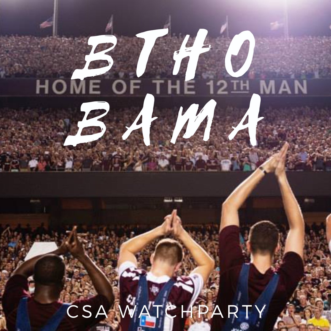tamuCSA's tweet photo. Don't forget! CSA BAMA watchparty is this Saturday @2:30 in the Student Center. BYO snacks, pizzawill be provided!! https://t.co/oz3xcCXAFX