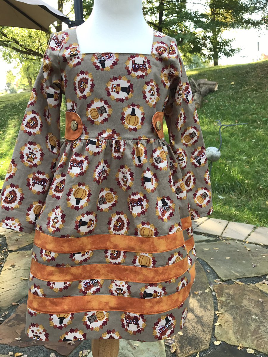 SewPlayful's tweet photo. Oh my goodness, I love this dress I made with fabric featuring owls pretending to be turkeys and pilgrims. #Thanksgiving https://t.co/qcwa5dbv5R