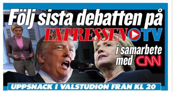 Kl 20 i kväll är det Valstudion i @ExpressenTV om Trump vs. Clinton och sista debatten i natt: