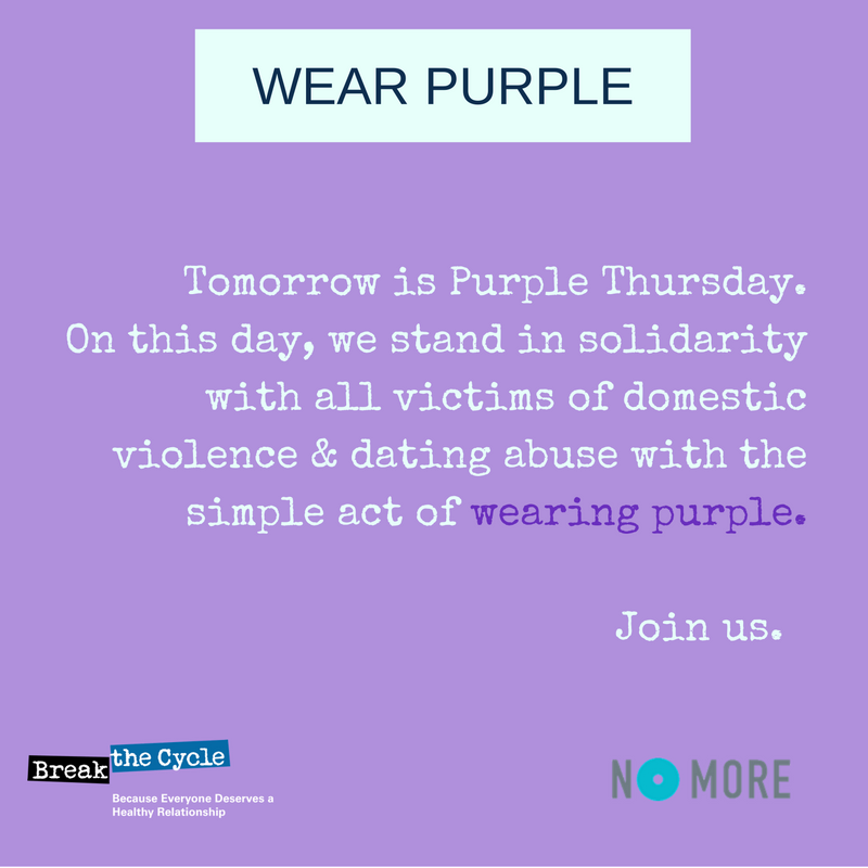 BreaktheCycleDV's tweet photo. Tomorrow is #PurpleThursday! Showing your support is easy; just wear purple #DVAM https://t.co/aeItERbBAY