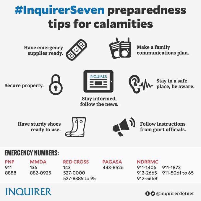 inquirerdotnet's tweet photo. #InquirerSeven preparedness tips and emergency numbers as #LawinPH crosses Luzon https://t.co/ngTZPXU0OO https://t.co/Brl5h9DWKx