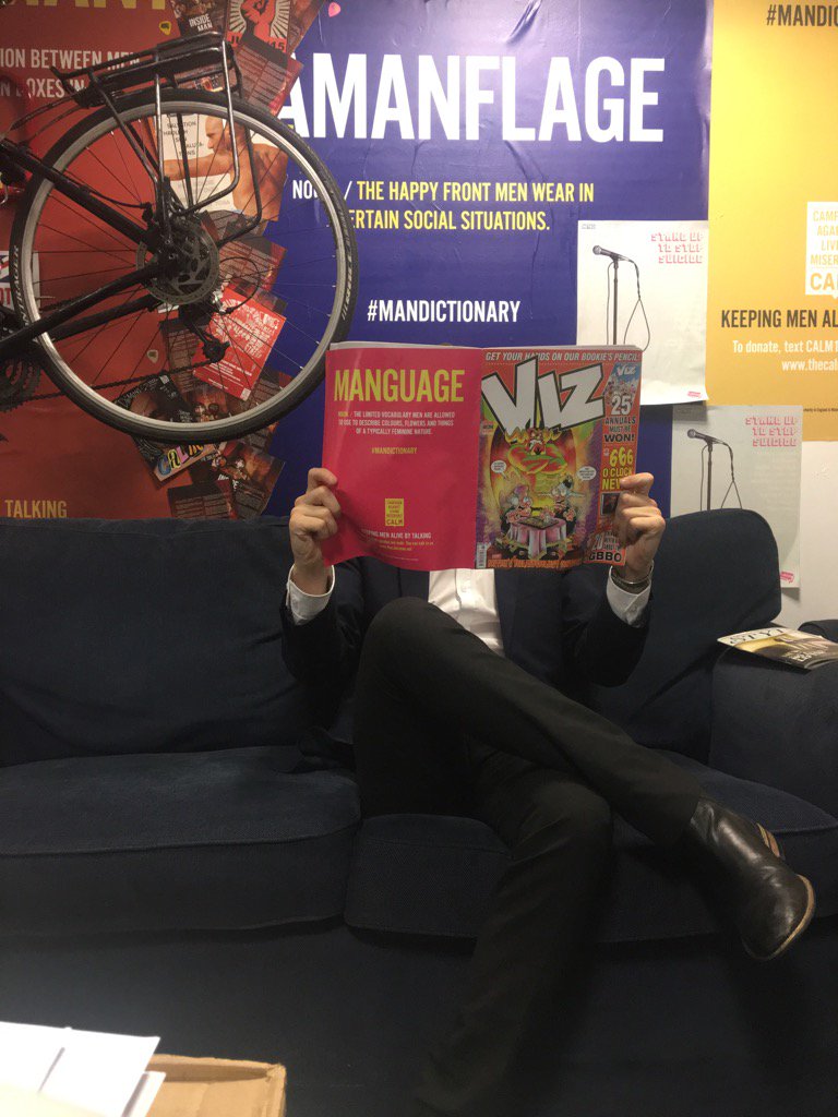 theCALMzone's tweet photo. Kicking back with the new @vizcomic feat our #MANGUAGE #MANDICTIONARY back cover https://t.co/AJWWMUkunO