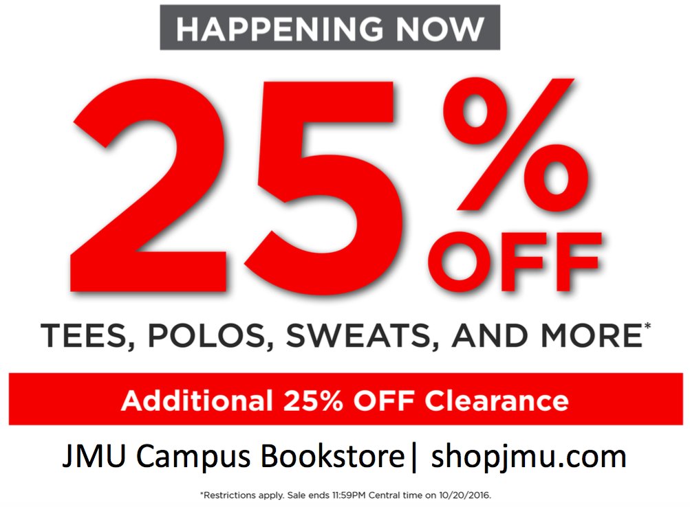 JMUBookstore's tweet photo. Two day sale: 25% off on select items. Shop in store or online at: https://t.co/LWCHu2mZlT https://t.co/55X7IylmnO