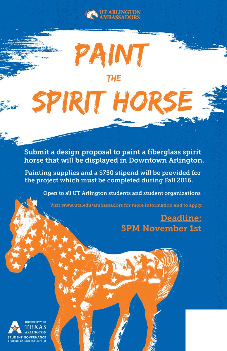 utastudents's tweet photo. Receive $750 for painting the newest spirit horse that will live in @DTarlington! Sponsored by @UTA_Ambassadors. https://t.co/djW1M7RZz9