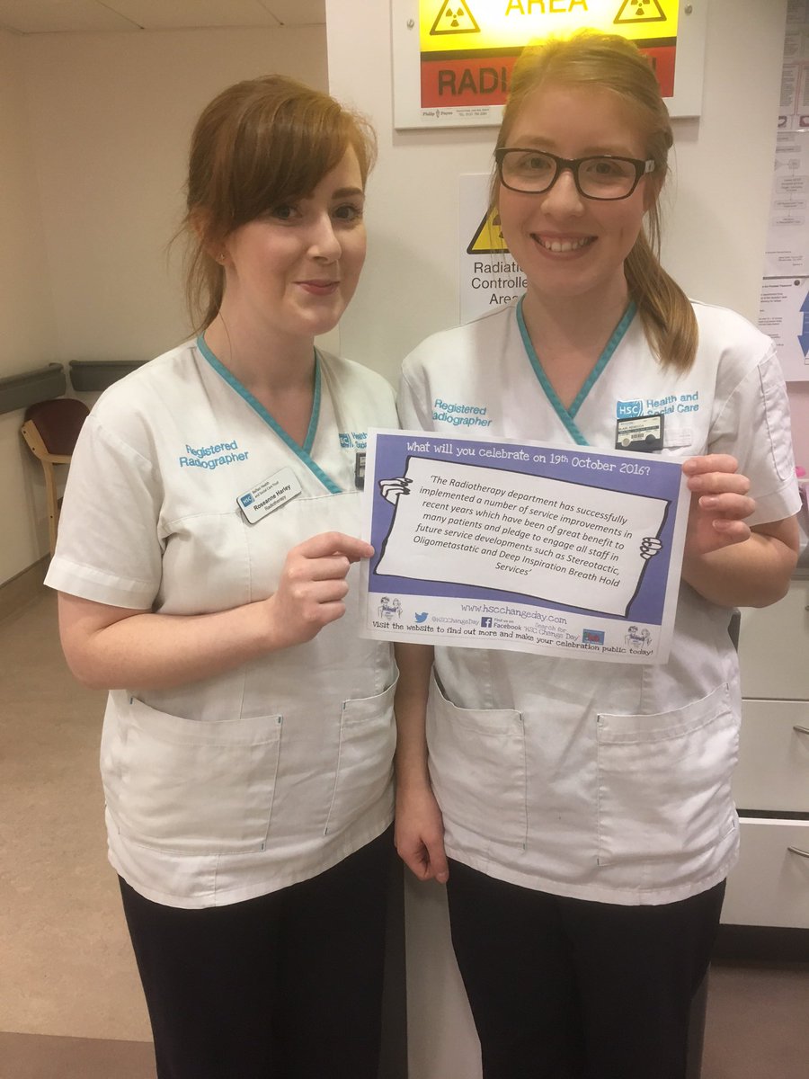 Barryohara_1's tweet photo. Therapy Radiographers Una, Roseanne, Rebecca and Stacey demonstrate 3 of the 7 #HSCchangeday pledges made at the Radiotherapy Dept Belfast https://t.co/VRxKGjGpBB