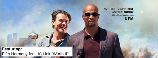 SONYSYNCSHOP's tweet photo. Watch tonight's ep. of @LethalWeaponFOX &amp; hear "Worth It" by @FifthHarmony feat. @Kid_Ink, thanks to music sup @GottGlam! #sonysyncshop https://t.co/pxinCGr09H