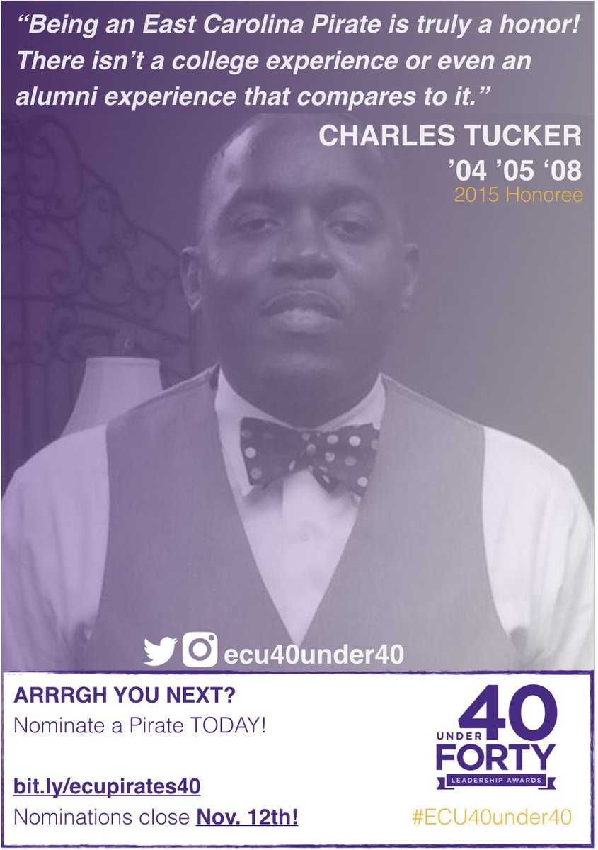 #ECU40under40 c/o 15 <a href="/Chad_1906/">Chad Tucker</a> reps @Anca_1906 &amp; <a href="/ecuhcas/">Harriot College</a>. Nominate a Pirate Today bit.ly/ecupirates40 | <a href="/ecublackalumni/">ECU Black Alumni</a>