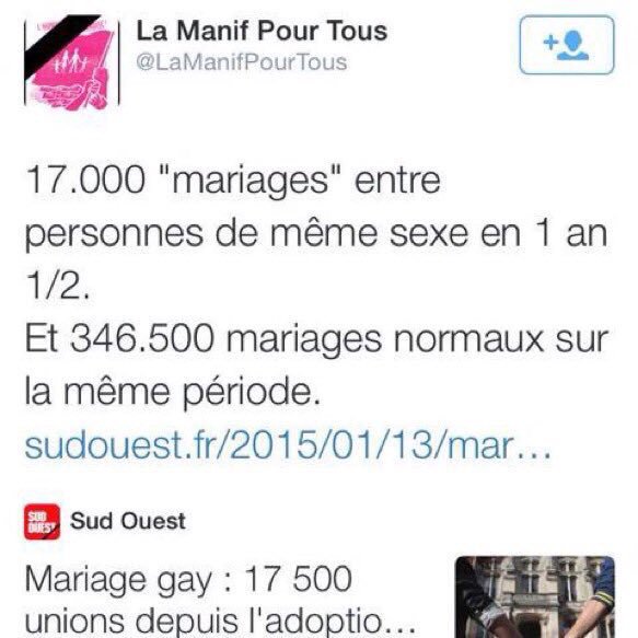 AlainATD's tweet photo. @LaManifPourTous Ce tweet déguisé sur les mariage normaux laissant supposer que les autres mariages ne le sont pas, sans Homophobie aucune ? https://t.co/rhUW5mxsm3