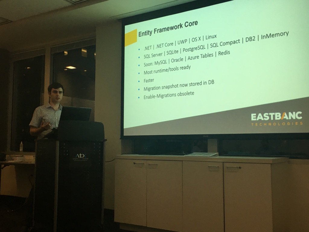 sjkilleen's tweet photo. Learning about EF Core updates at @techtalkdc from @dmitrypodrezoff. #TechTalkDC https://t.co/4R1AREUPFu