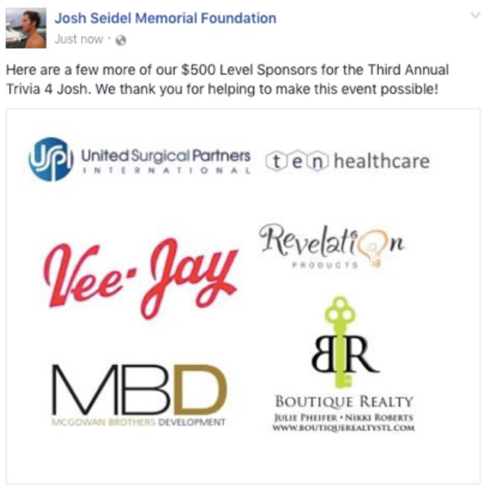 livelikejosh_'s tweet photo. Thanks $500 Level Sponsors of #Trivia4Josh!! #LiveLikeJosh https://t.co/NmaMrpAx35