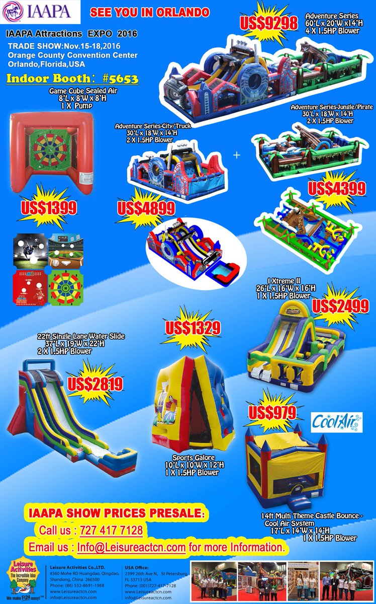 LeisureActivit1's tweet photo. #IAAPA2016 #INFLATABLESALE #LeisureActivities. Buy NOW, save BIG! #bouncehouse # Water Slides #InflatableSlides #Combos, we have it all! https://t.co/vx9GWzUwkB