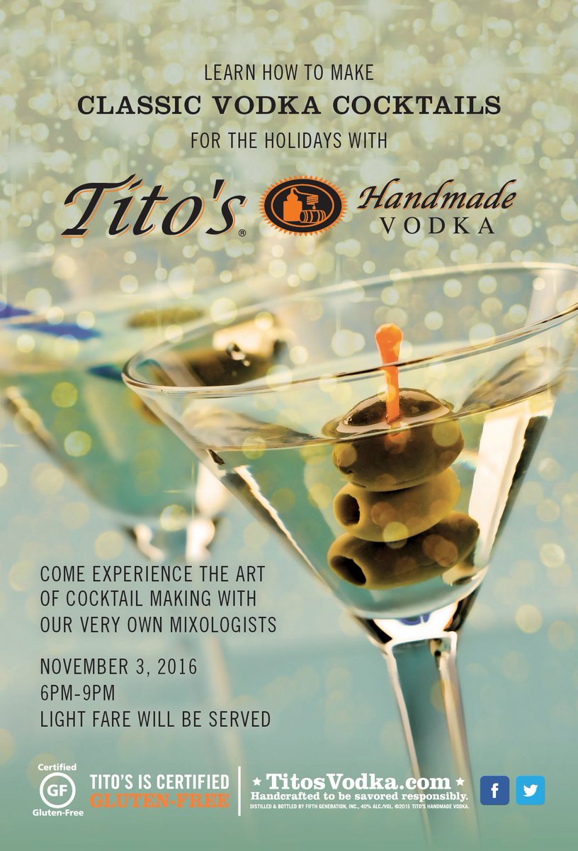 TitosLori's tweet photo. Join @TitosVodka &amp; @Del_Friscos #Philadelphia for some cocktail knowledge and paired foods for your #holiday parties &amp; gatherings https://t.co/oCUZ5pJdi6