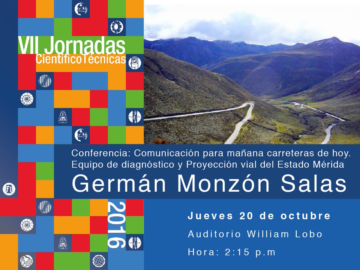 IngenieriaULA's tweet photo. "Comunicación para mañana carreteras de hoy. Equipo de diagnóstico y
Proyección vial del Estado Mérida". Ing. Germán Monzón. 20/10. 2.15pm https://t.co/uvXgDCuMK7
