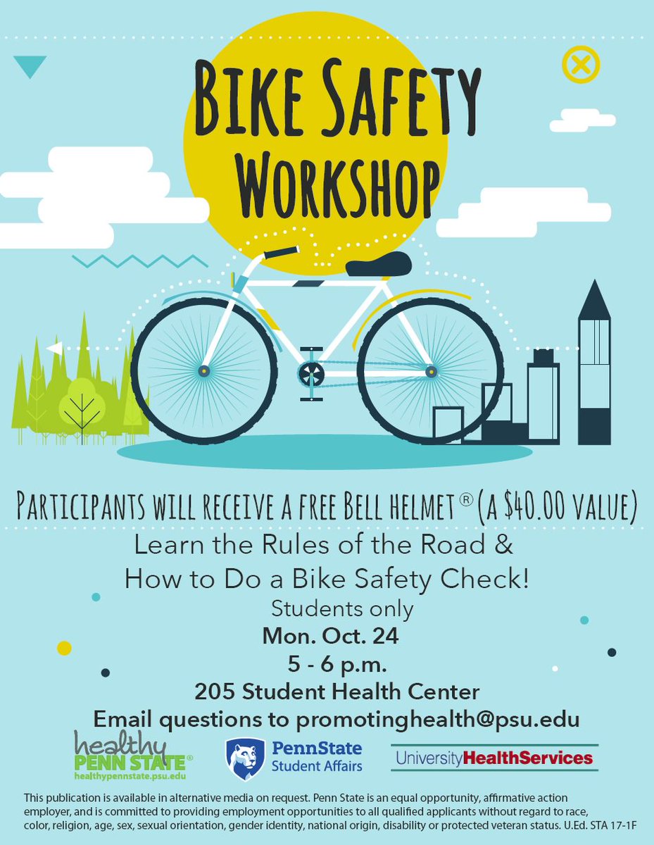 psuparking's tweet photo. Free bike safety workshop for students to be held this Monday from 5 - 6pm at 205 Student Health Center - #PennState https://t.co/db6nyE0T1Q
