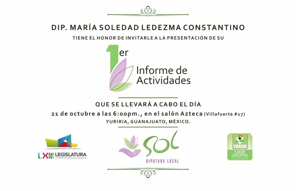 SOLEDAD_LEDEZMA's tweet photo. Tengo el gusto de invitarte a mi 1er Informe de Actividades que será este viernes 21 a partir de las 6:00 pm., en el Salón Azteca, #Yuriria https://t.co/4mT5dYoyHj