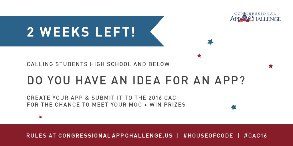 RepMoulton's tweet photo. Two weeks left ✌️ -- Submissions here: https://t.co/A0NqNIWhRm #CAC2016 #HouseofCode https://t.co/yomVDNoUVf