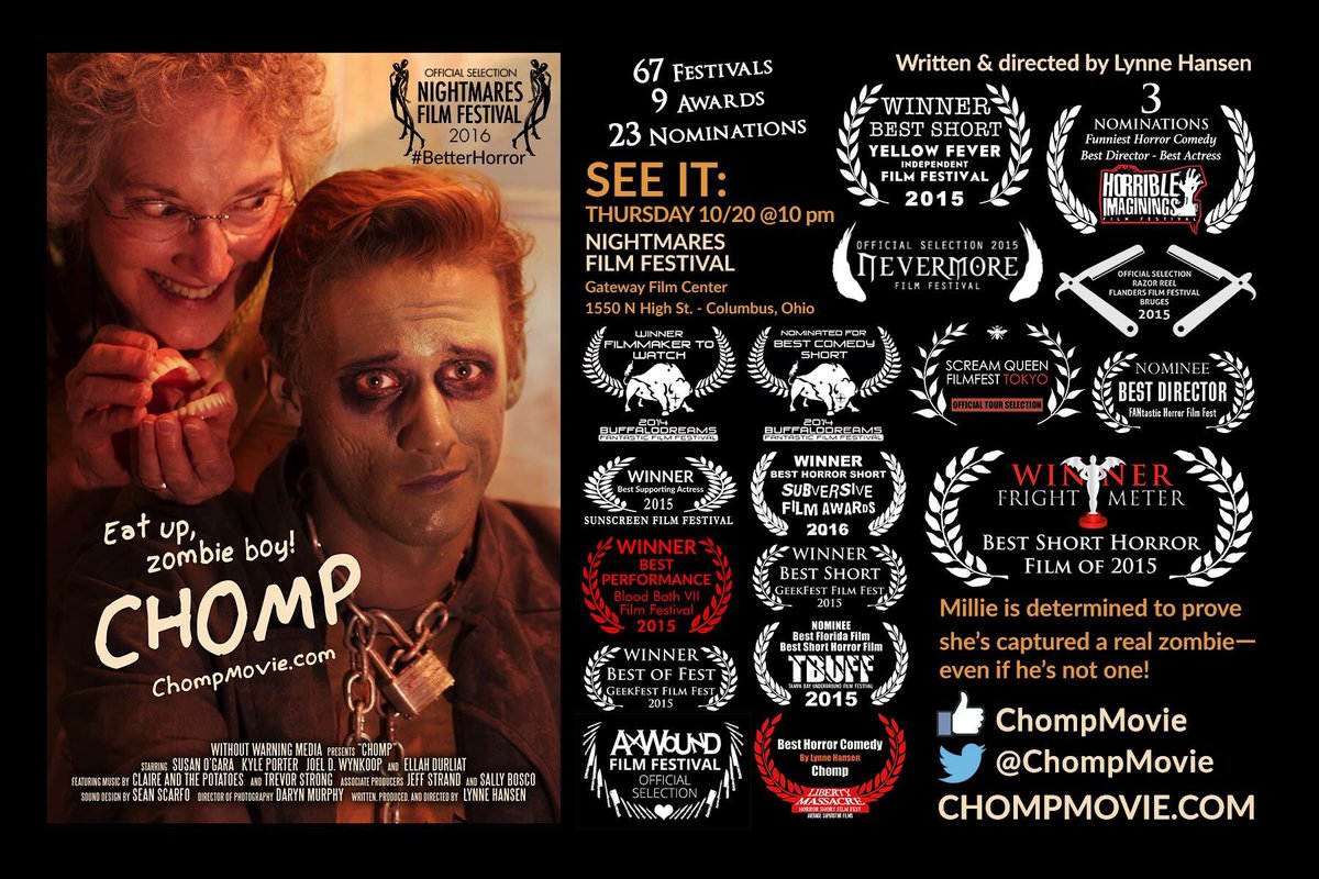 ChompMovie's tweet photo. Like horror comedy? Come see @ChompMovie at the Nightmares Film Fest Thu 10/20 at 10 pm with @KnobGoblinsFilm! #ohiopremiere #betterhorror https://t.co/zzuknxDMJi