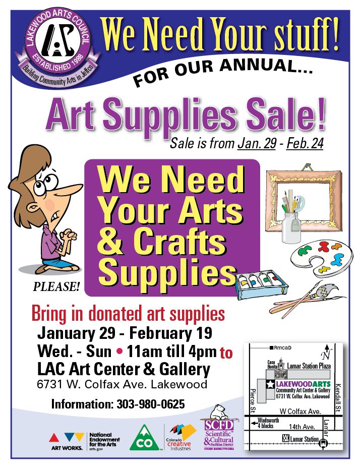 Save your unneeded art supplies for <a href="/LakewoodArtsCO/">LakewoodArtsCouncil</a>'s Annual #Art #Supply #Sale. Collectiing and sale will start January 29th. #WestColfax