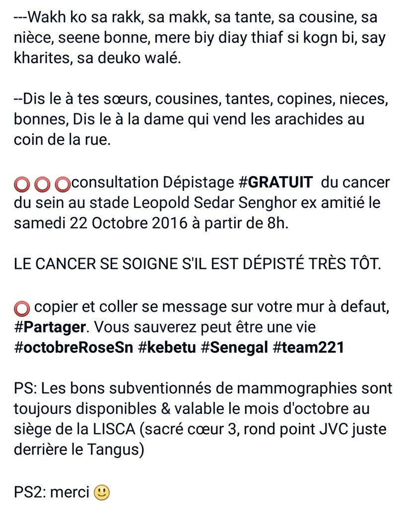 4bdoulaye_ms's tweet photo. 🔴🔴🔴 Ce 22 Octobre 2016, RV au stade Leopold Sedar Senghor ex Amitié pour un depistage #GRATUIT du cancer du sein #octobreRoseSn #kebetu https://t.co/XANpplZ9Ov