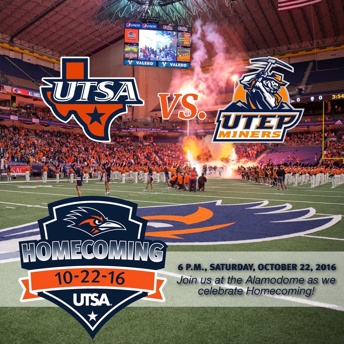 UTSA's tweet photo. Come out to the 'Dome this Saturday for our Homecoming game vs. UTEP! Kickoff is at 6pm. See you there, 'Runners! #UTSA #BirdsUp https://t.co/vmPJFK19V2