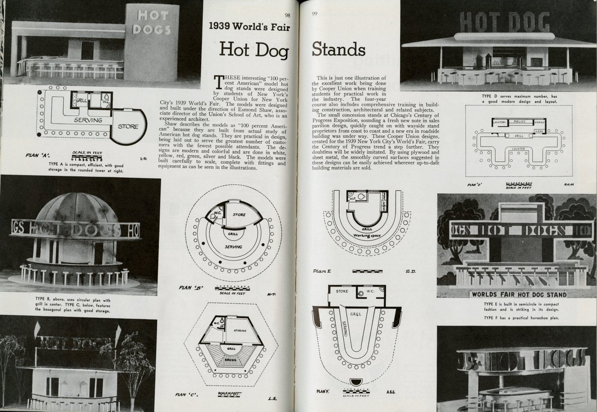 MeganPrelinger's tweet photo. architecture of the mundane: Hot Dog Stands of the 1939 World's Fair, American Builder magazine 4/39, unearthed today #prelinger library https://t.co/CXxXvBHw13