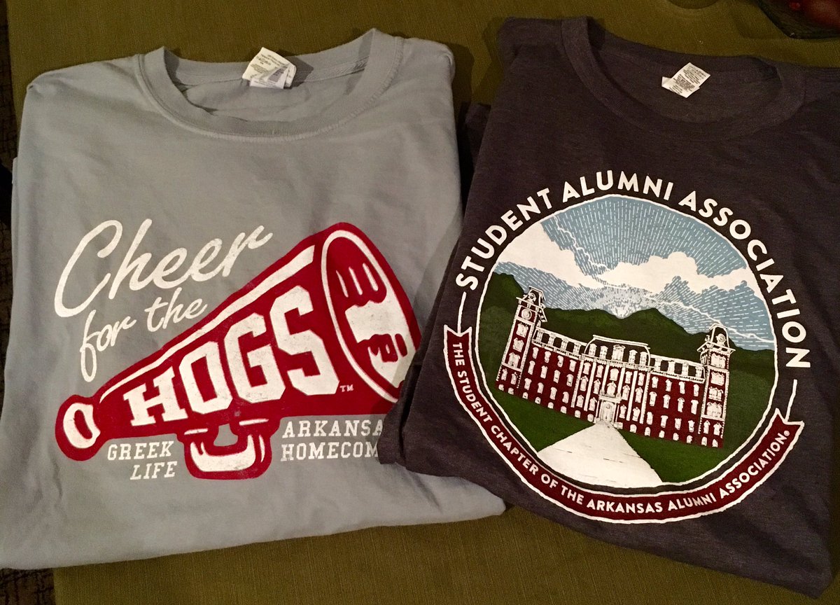 Shoutout of THANKS to <a href="/ArkansasSAA/">ARKANSAS SAA</a> &amp; <a href="/UarkNGC/">New Greek Council</a> for the cool shirts! Appreciate our partnership of working together to promote <a href="/ArkRazorbacks/">Arkansas Razorbacks 🐗</a>!