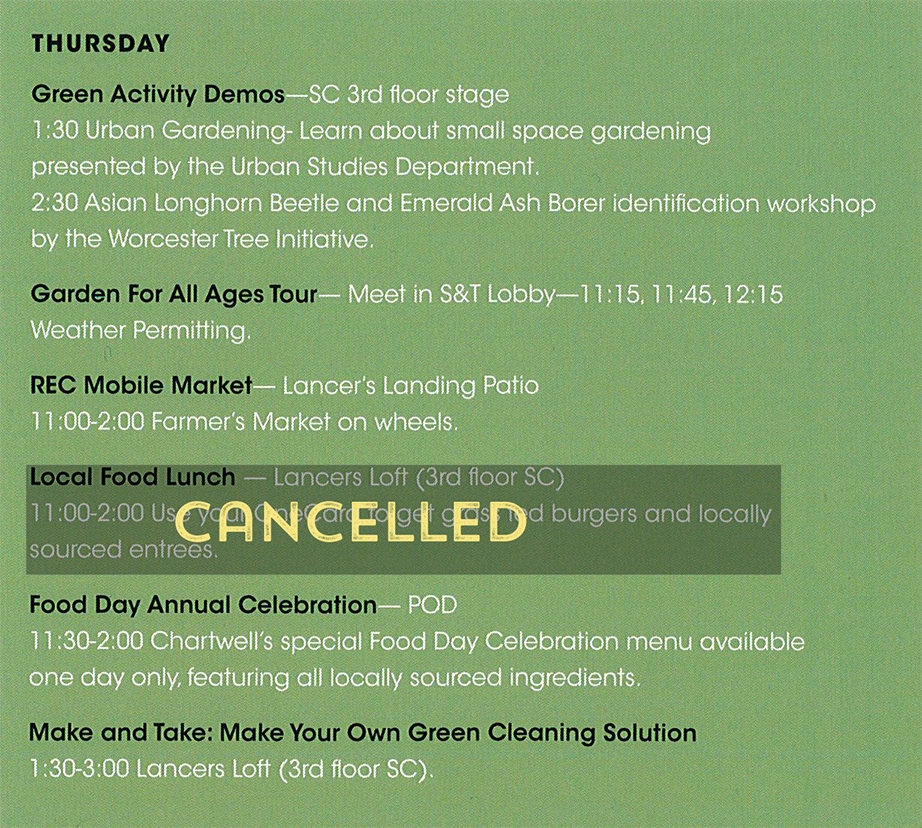 WorcesterState's tweet photo. Thursday activities for the Sustainability & Food Day Fair - see the full schedule at https://t.co/ze4C8i188Q #woogreen https://t.co/pV5PBMlaqa