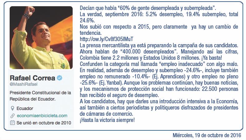Compañero Presidente @MashiRafael analiza las cifras reales sobre el empleo en Ecuador. ¡No te dejes engañar! (Tomado de ALIANZA PAIS en Twitter @35PAIS)