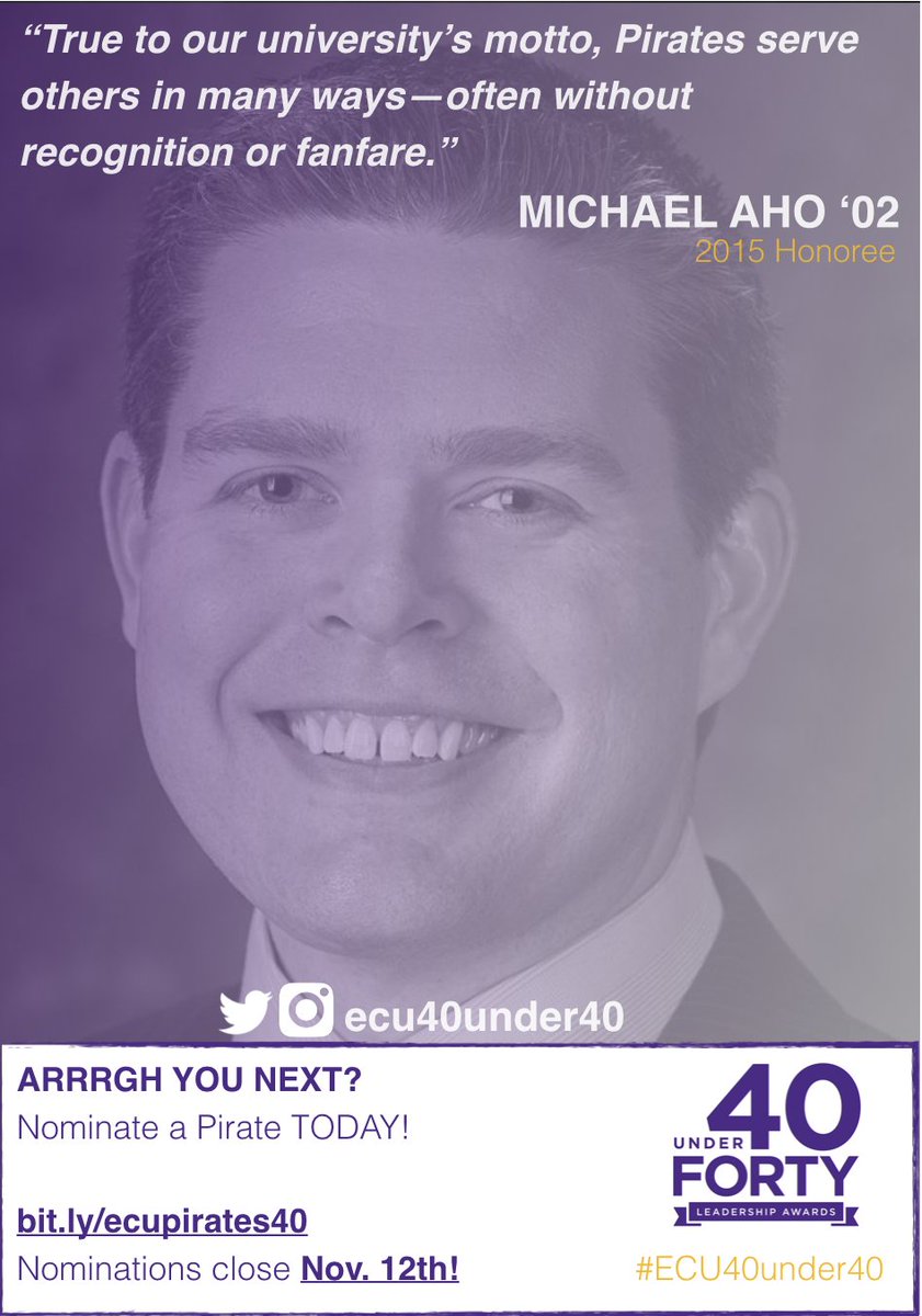 #ECU40under40 c/o 15 <a href="/ahomichael/">Michael Aho 🌎</a> reps <a href="/ECU_CFAC/">ECU Fine Arts & Comm</a> Nominate a Pirate Today bit.ly/ecupirates40 | <a href="/piratealumni/">ECU Alumni</a>