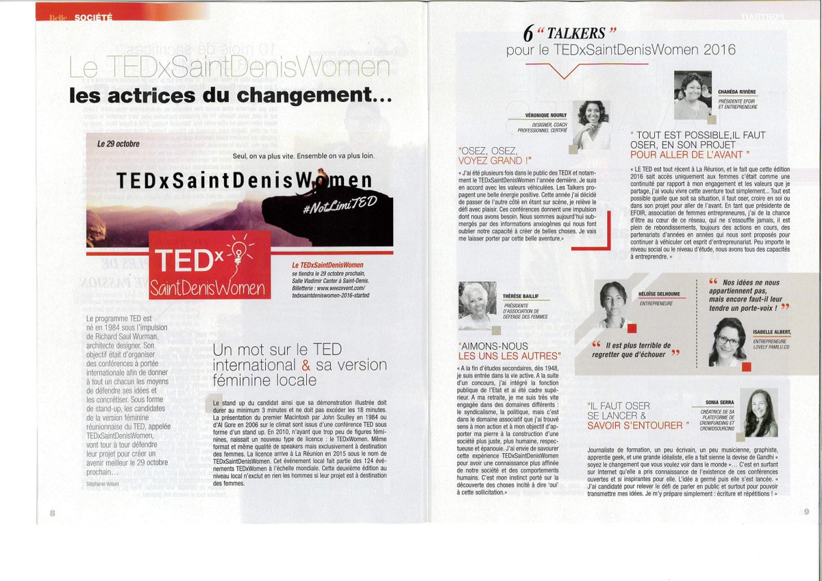 TEDxSDWomen's tweet photo. Une double page dans le #BelleMagazine de #LaRéunion pour présenter le #TEDxSaintDenisWomen ainsi que les Talkers :) Merci ! https://t.co/WLPNkrHtOq