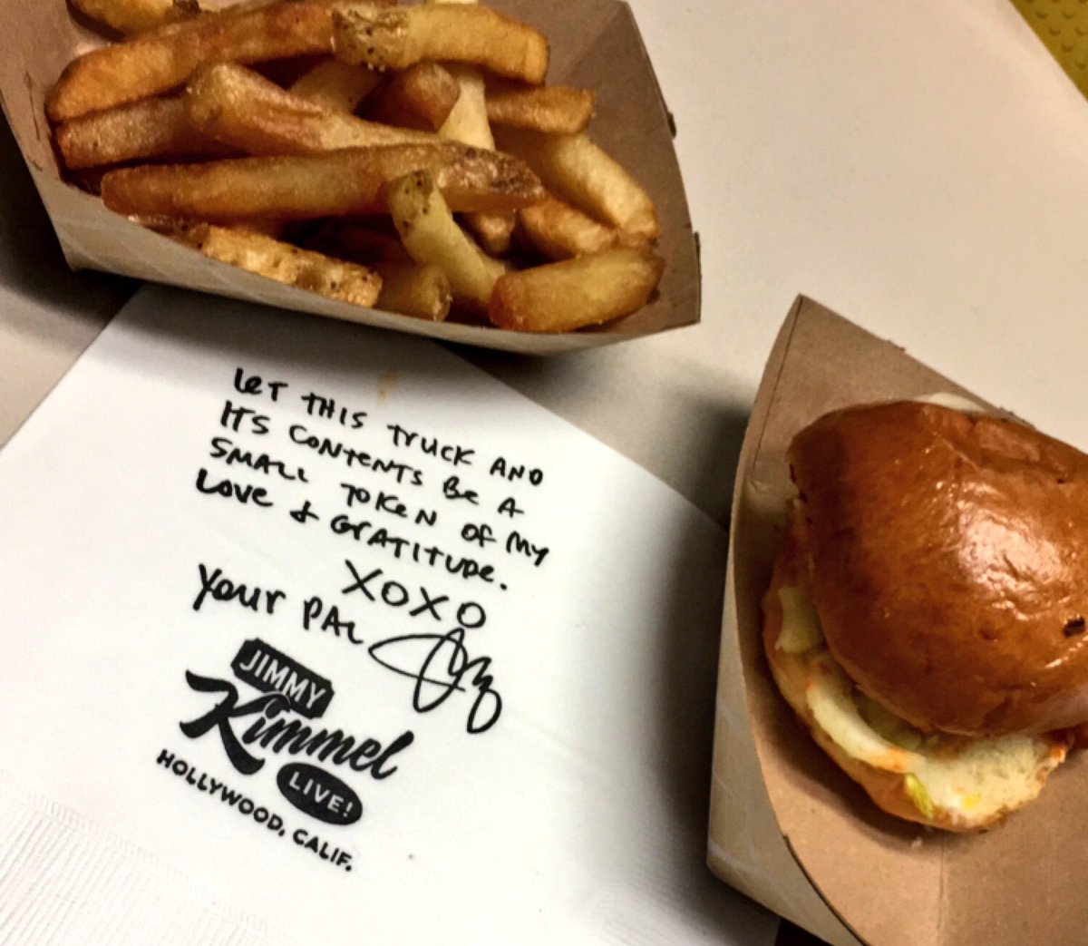 madkenney's tweet photo. Hey @jimmykimmel, thanks for dinner tonight and not forgetting the intern! #WeLikeFoodToo https://t.co/1EHD5GXYdM