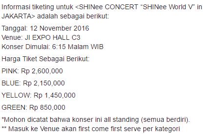 Ticketing info for <SHINee CONCERT “SHINee World V” in JAKARTA>! Ticket Sales will start Monday October 24, 2016, 12PM WIB via Loket