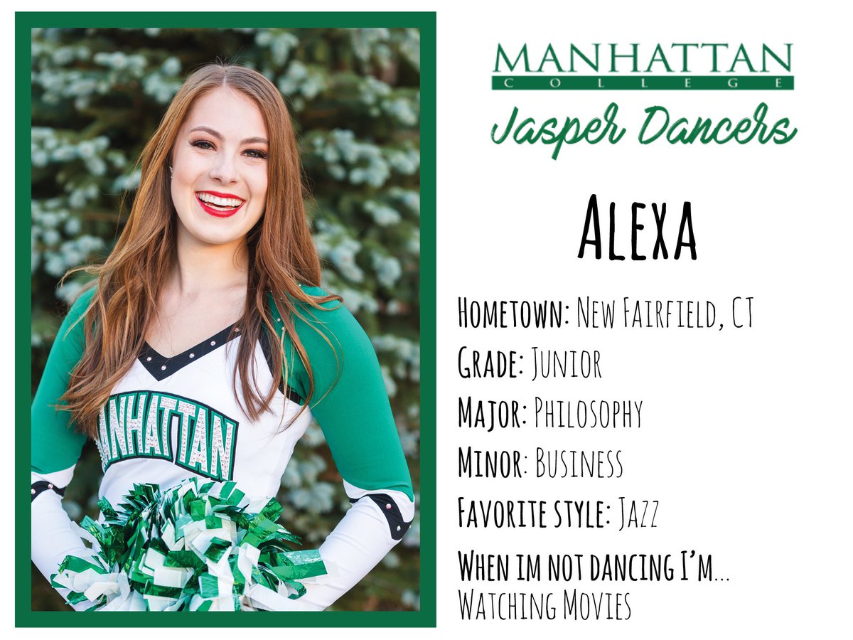 MCJasperDancers's tweet photo. Our final JD of the day is Junior and Captain, Alexa!!! 💚🌟 @alexa_hope #JD2k16 #WelcomeWednesday @ManhattanEdu https://t.co/oiW8O4MP6E