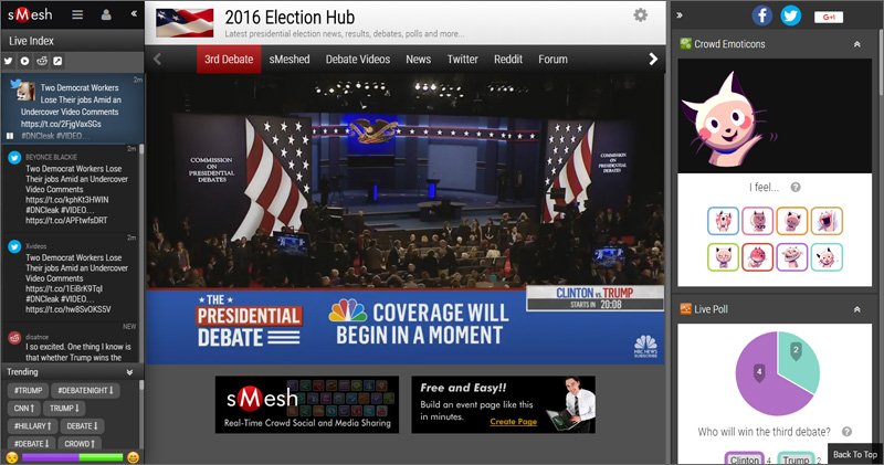 sMeshCentral's tweet photo. #Trump vs #Clinton, who do you agree with? Watch LIVE and join real-time crowd social at sMesh https://t.co/hS2pgF6lSQ https://t.co/Yy2JRmFWCo