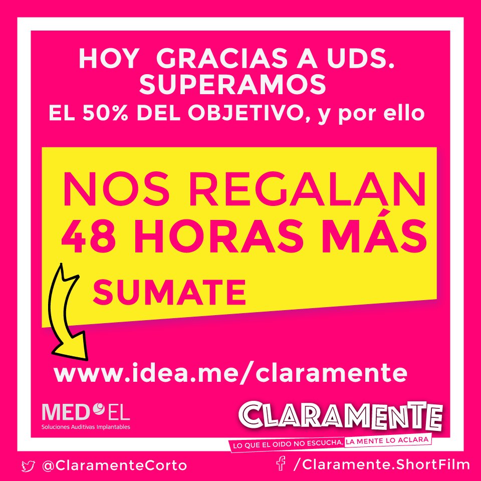 ClaramenteCorto's tweet photo. @ideamecom  Nos regaló 48 hs más! DALE SUMATE, COMPARTÍ, PONETE EN NUESTROS OÍDOS! #Claramente Sumate en https://t.co/5sVXdTXczp https://t.co/r6nTEn765U