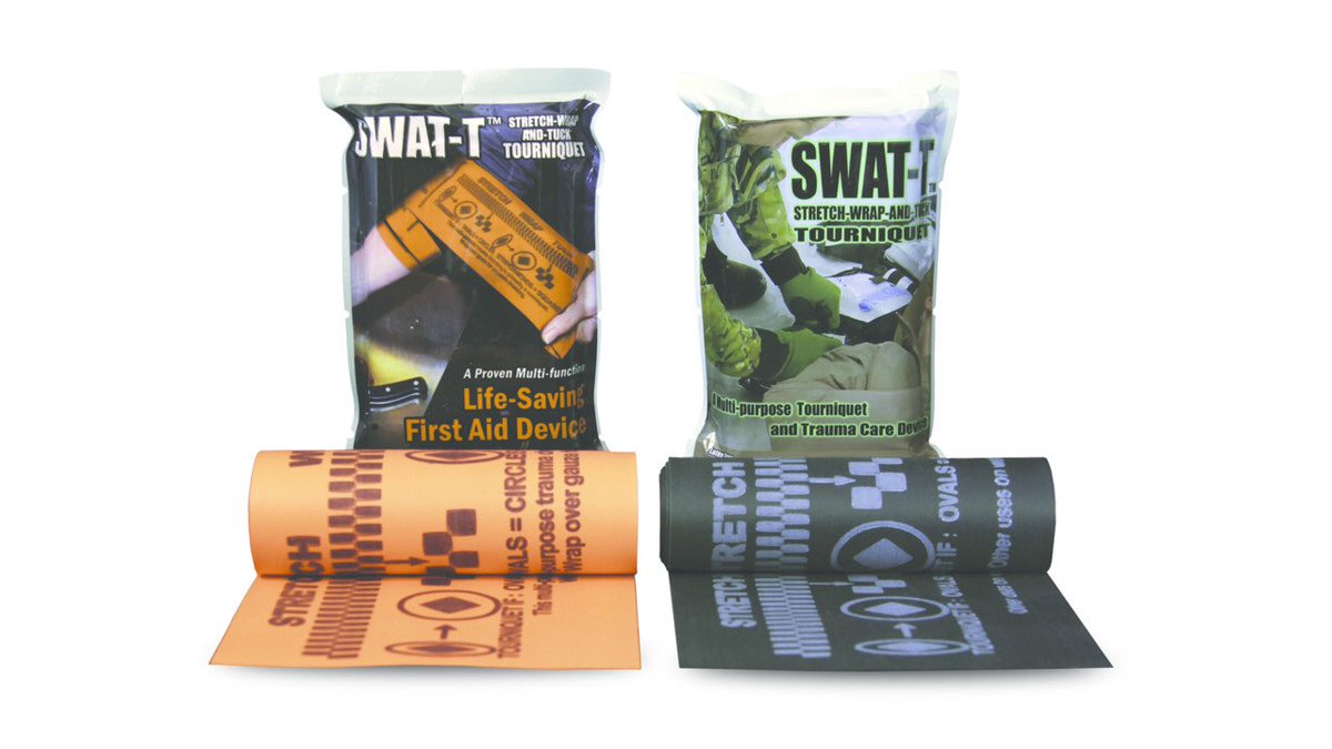 The SWAT-T, Stretch, Wrap and Tuck #Tourniquet is a multipurpose non-latex elastic 'bandage' that stretches around any bleeding extremity