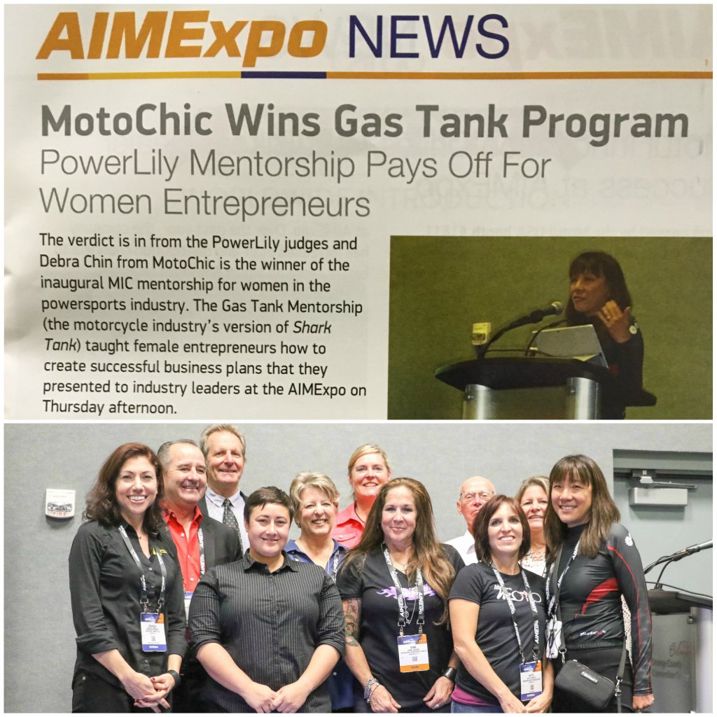MotoChicGear's tweet photo. We are the winner of the MIC’s first #PowerLily Gas Tank Program competition at @AIMExpo for women’s start-ups in powersports! https://t.co/VWy97SUBFt