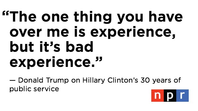 NPR's tweet photo. Donald Trump criticized Hillary Clinton's years of experience at the final #debate: https://t.co/STDOlh4wJ8 https://t.co/pjYN7AF2yA