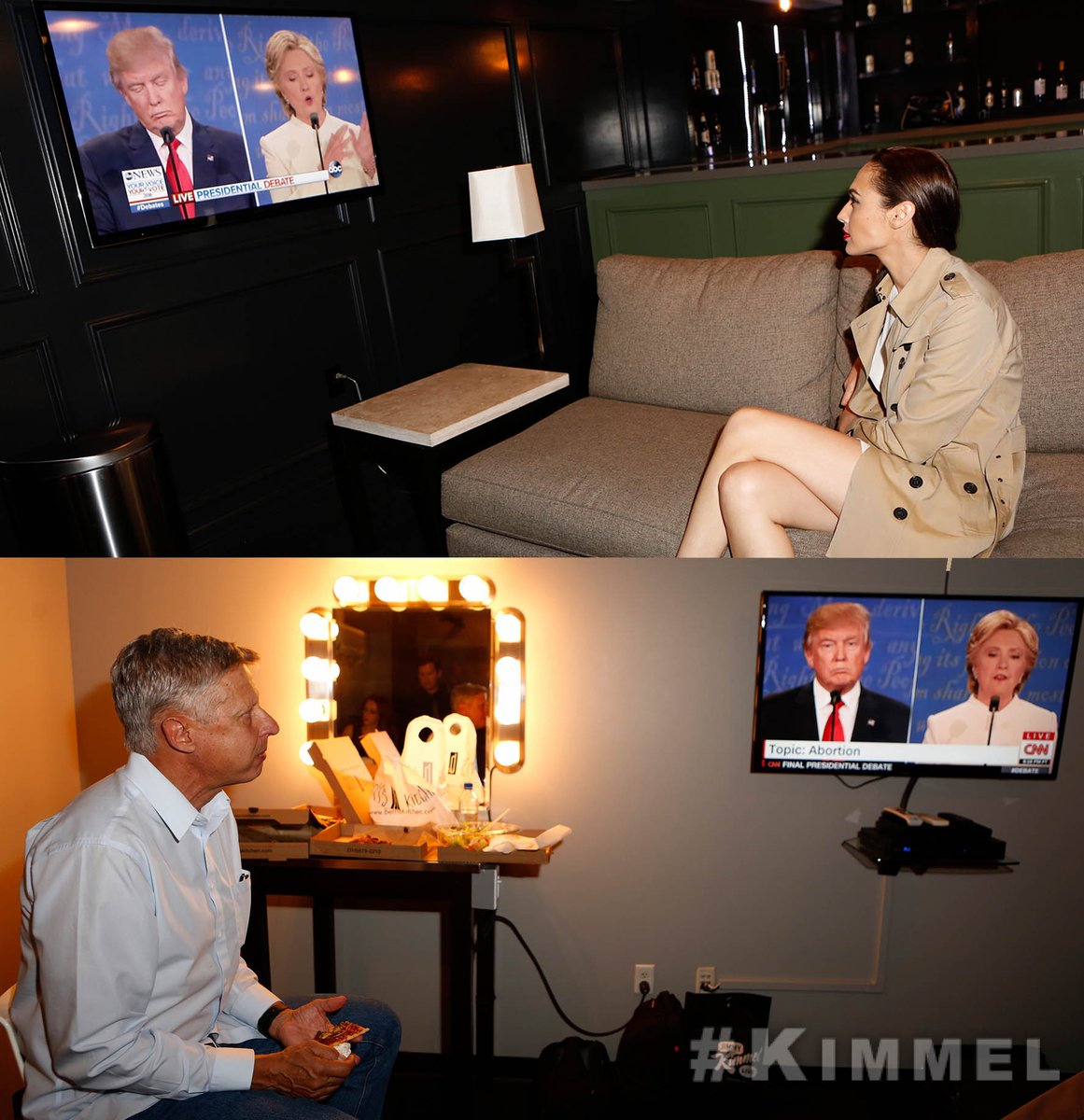 JimmyKimmelLive's tweet photo. .@GalGadot &amp; @GovGaryJohnson are here watching the #debate! See them on our big LIVE show tonight! #Kimmel #DebateNight https://t.co/QoZZHtIh1H