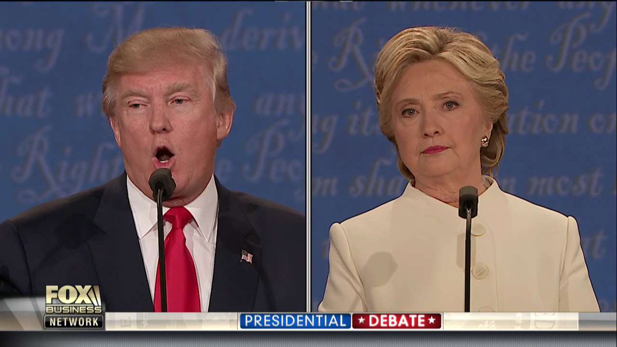 FoxBusiness's tweet photo. .@HillaryClinton: "He is denigrating, he is talking down our democracy, and I, for one, am appalled." #debatenight https://t.co/FGaJuna7VR