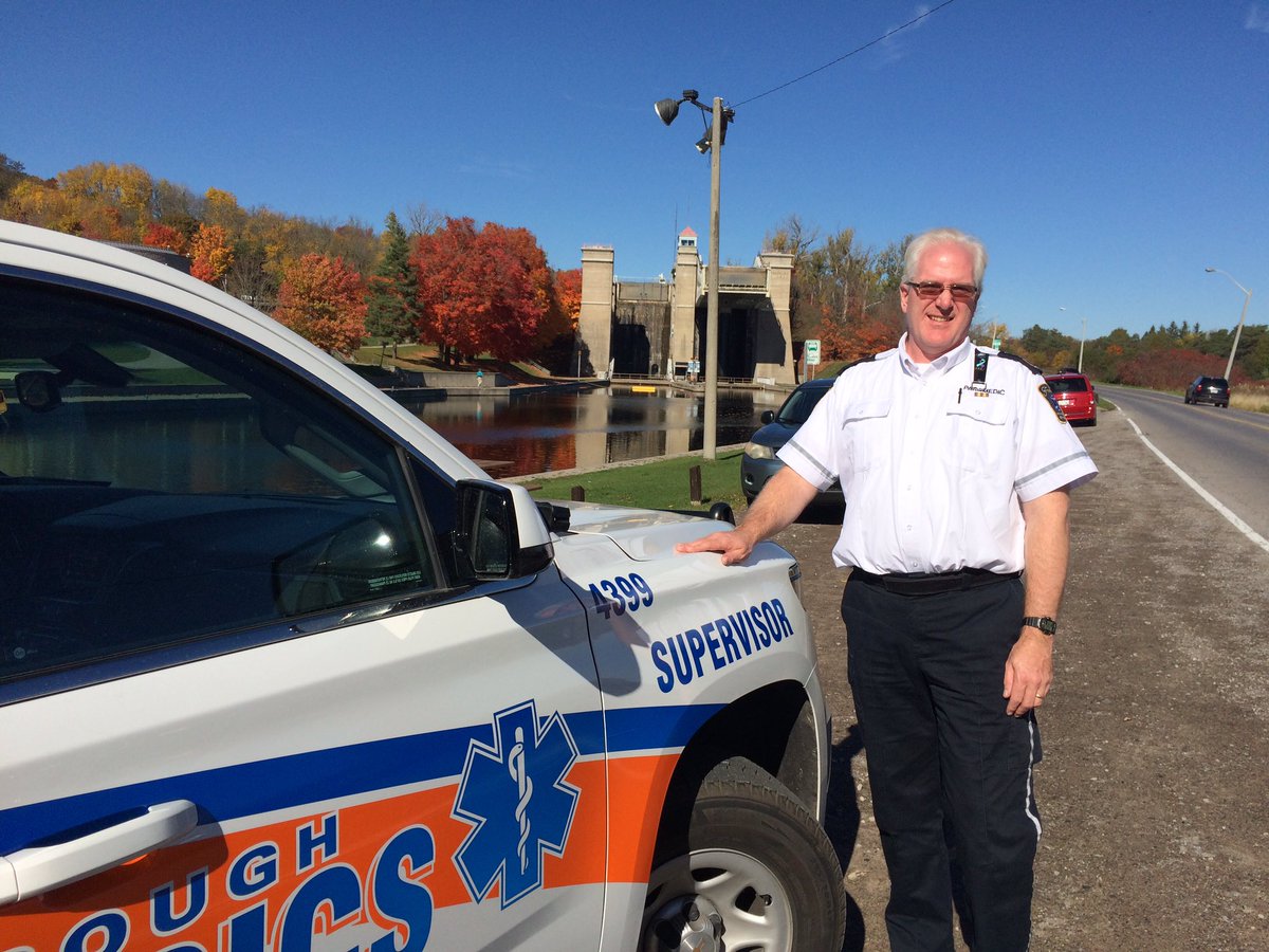 FPSParamedics's tweet image. From earlier today, FPS superintendent Richard Russell on a ride out/knowledge exchange with @PtboParamedics #nicebackground