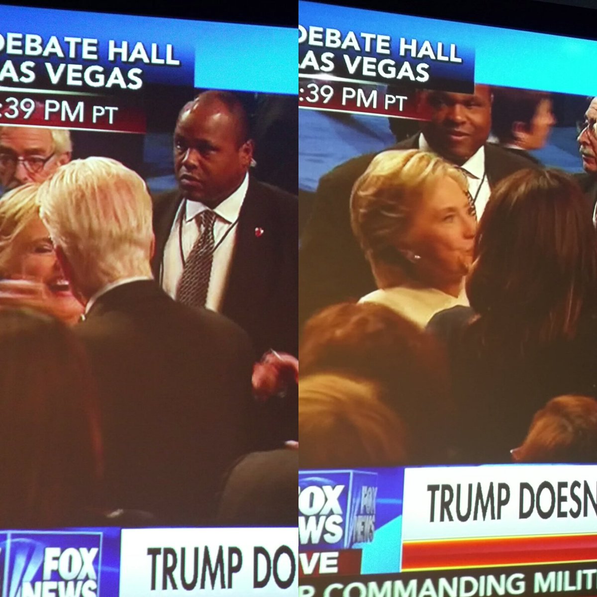 _hzilla's tweet photo. Heeeeeee's baaaaaack. Making sure she doesn't fall over despite all the meds. #HillarysHandler #debatenight https://t.co/fJH8sntK0n