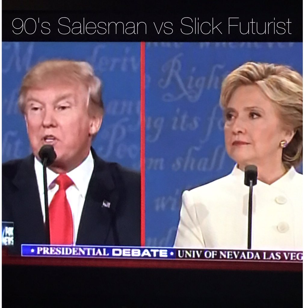 BLA613's tweet photo. #DebateNight Stylistic Looks: 90's Salesman vs. Slick Futurist #isthisreallife https://t.co/16WLBqbFdm